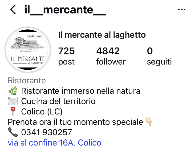 Bio Instagram Il Mercante prima, solo numero di telefono